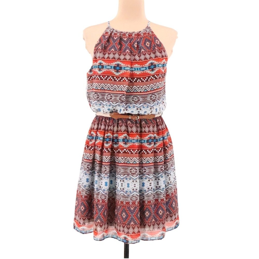 Southwestern Halter Dress Womens Size M Red Blue Boho Boho Aztec Belt Chiffon